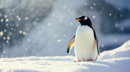 Naklejka premium A penguin standing in the snow with falling snowflakes