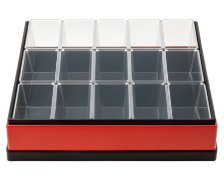 A clear organizer box with removable compartments on a transparent background