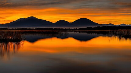 Obraz premium Dramatic golden sunrise over a tranquil lake with mountain silhouettes