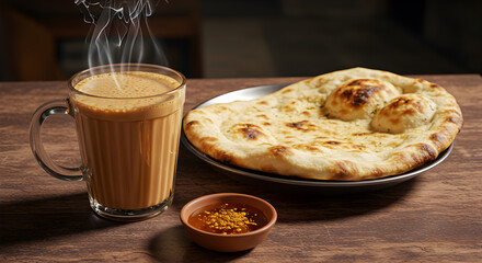 Steaming Chai Tea with Warm Naan Bread and Spiced Honey Treat