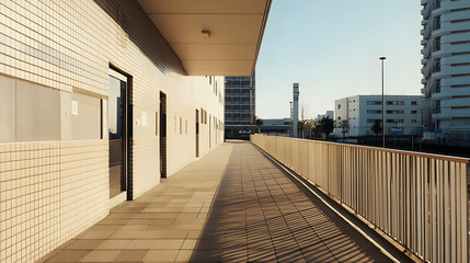 Obraz premium Empty Pedestrian Walkway Along Modern Beige Building Facade