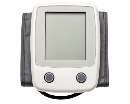 Digital blood pressure monitor with a modern and compact design on a transparent background