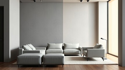 A modern living room with a light gray sectional sofa and accent chair.