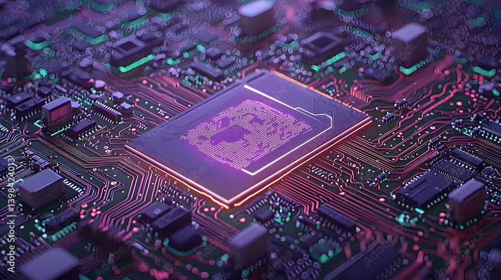 Poster detailed circuit board with illuminated processor