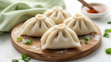 Dumplings on Wood Plate. Four white dumplings sit on round wooden plate. Sauce and green cloth are in background. Parsley garnish is scattered around plate.