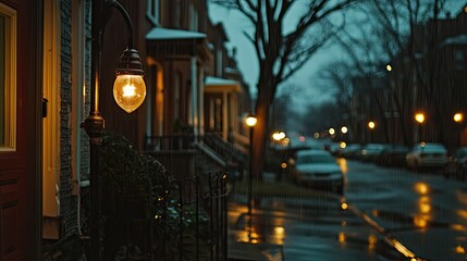 Fototapeta premium A glowing street lamp illuminates a rainy suburban neighborhood evening scene