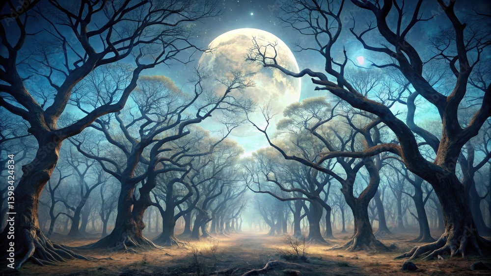 Poster enigmatic moonlit path through a mystical, fog-shrouded forest of ancient, twisted trees