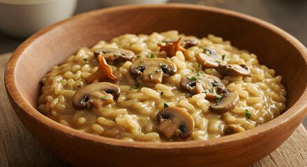 Delicious Creamy Mushroom Risotto Served In A Wooden Bowl
