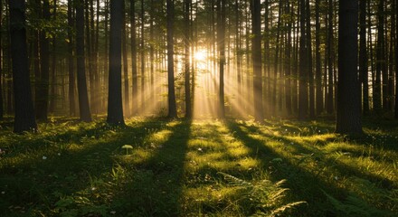 Obraz premium Sunlight streaming through a forest in morning