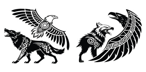 A fierce silhouette of a mythical creature combining a wolf and eagle, decorated with symmetrical tribal tattoos in ancient Mayan style, black vector art