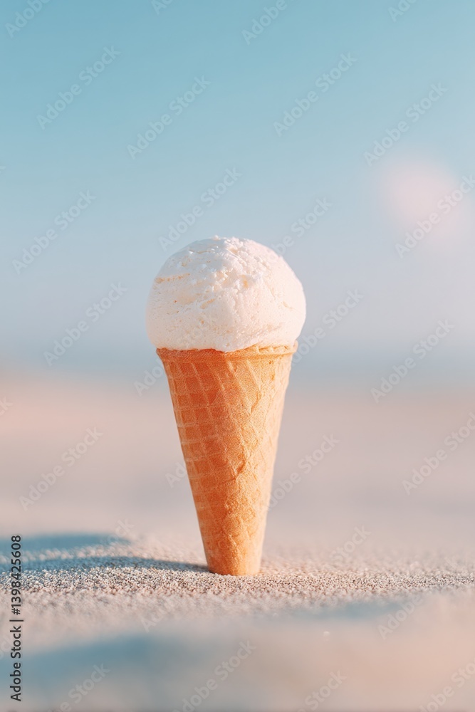 Poster capture minimalistic image of single ice cream cone standing on sandy beach with clear sky in backgr