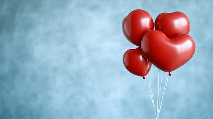 Four red heart shaped balloons tied with thin white strings
