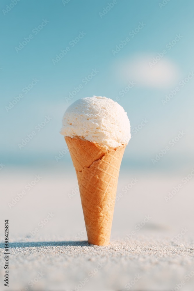 Poster capture minimalistic image of single ice cream cone standing on sandy beach with clear sky in backgr