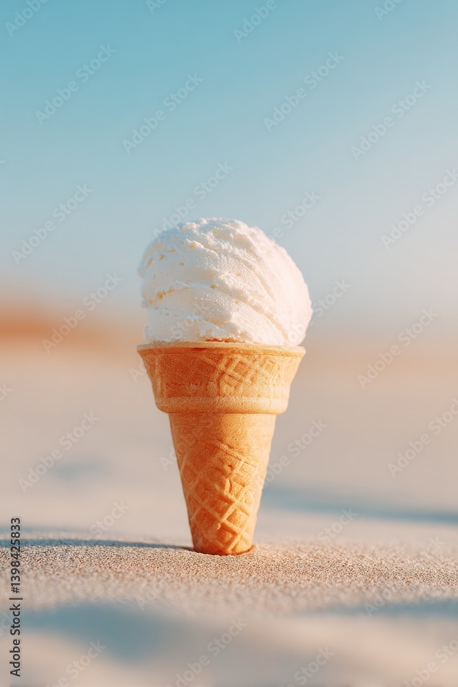 Poster capture minimalistic image of single ice cream cone standing on sandy beach with clear sky in backgr