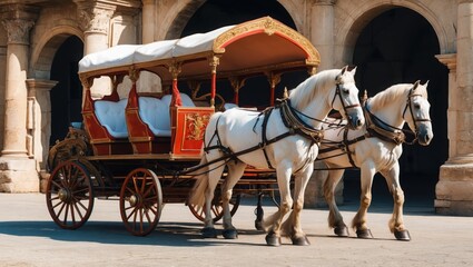 Pair white horses pulls ornate red carriage. Arched stone building visible behind horse drawn coach. Wheels, seats and harnesses show detail.