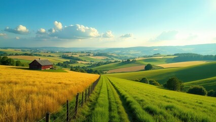 Serene Rural Landscape Featuring Rolling Hills, Golden Wheat Field, and a Rustic Barn