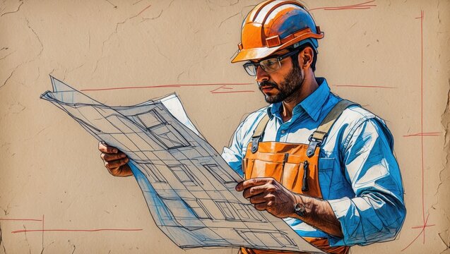 Illustration of construction worker in orange hard hat looking at blueprint. Figure wearing glasses and orange overalls reading technical drawing on beige backdrop.