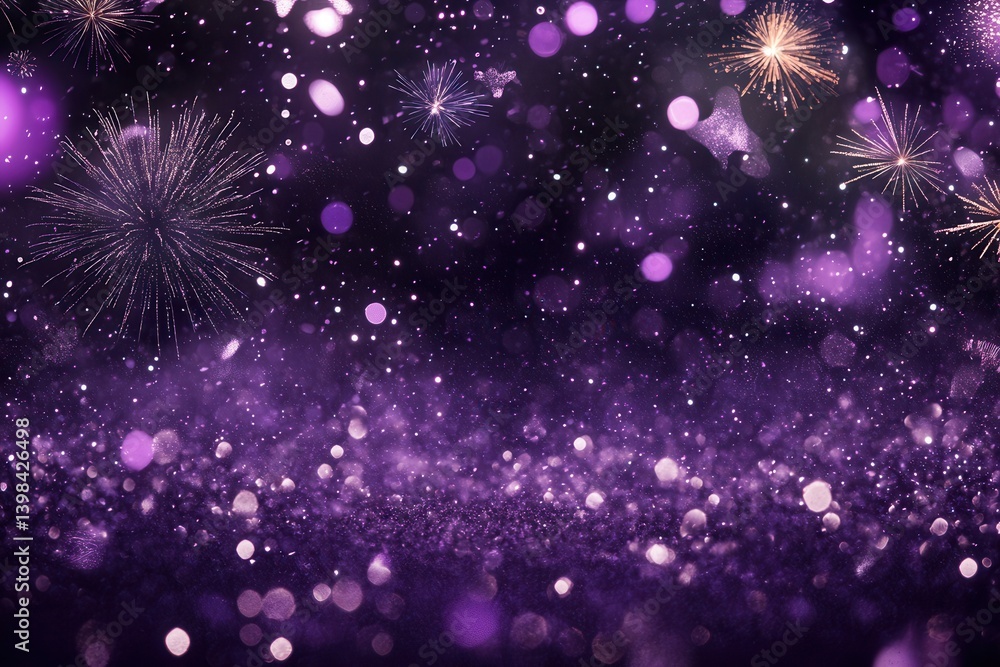 Poster a vibrant display of purple hues with sparkling fireworks and shimmering bokeh, creating a festive a