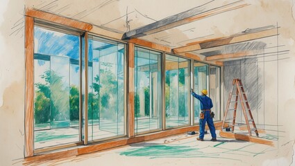 Illustration shows worker and large window. Person in blue uniform stands inside building with many big windows. Ladder stands near. Trees and sky seen outside. Hand-drawn style