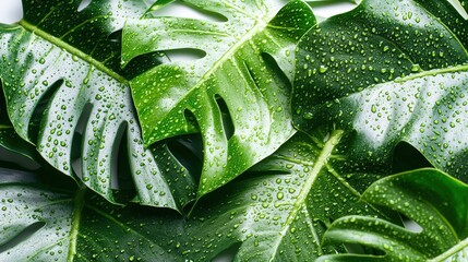 Close up of monstera leaves covered with water droplets on leaves