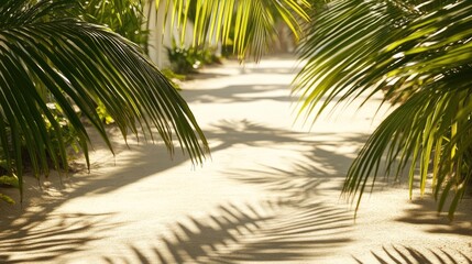 Fototapeta premium Palm fronds cast shadows on a sandy path