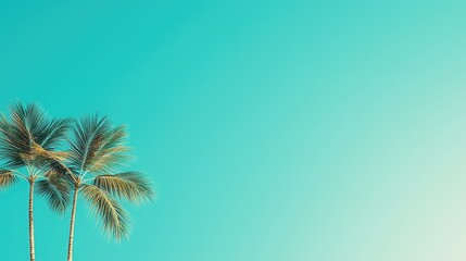 Fototapeta premium Green palm trees are set against a clear and bright blue sky