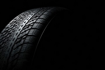 A close-up of a tire against a dark background, highlighting its textured tread design and curvature.