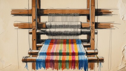 Drawing of loom with colorful woven fabric. Brown wooden loom holds white threads and brightly colored textile with blue, red, yellow, green and orange stripes.