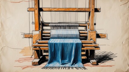 Wooden loom illustration with blue woven fabric. Hand drawn sketch of weaving equipment and textile production showing texture and craft details.