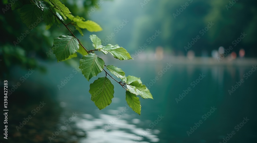 Poster capture serene ecosystem scene with blurred figures in background for peaceful minimalistic image