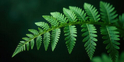 Vibrant Green Fern Frond Against a Dark Background, a Close-Up Study of Nature's Delicate Beauty and the Intricate Details of a Single Plant Specimen