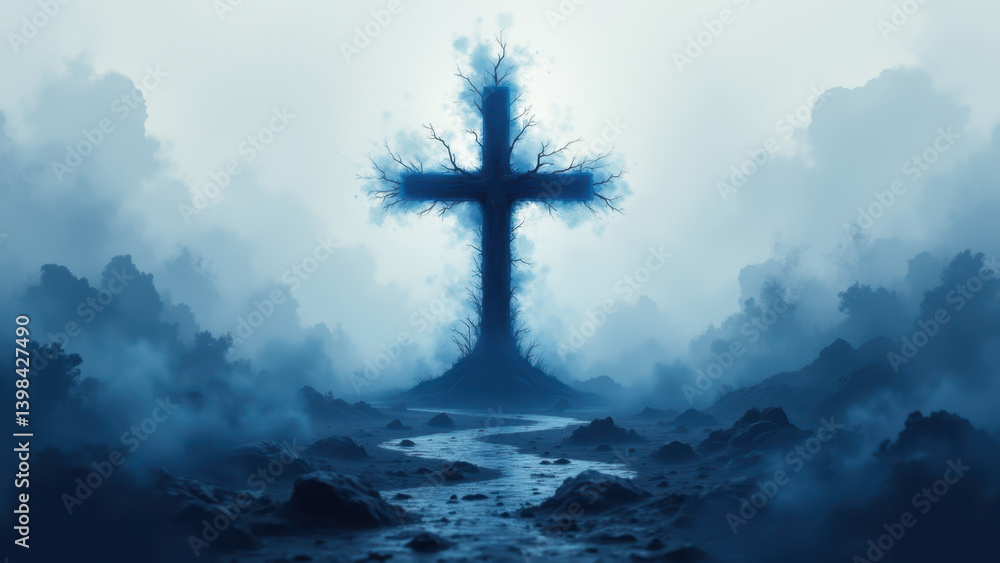 Poster a dramatic digital artwork featuring a cross surrounded by clouds and mist on a dark background with