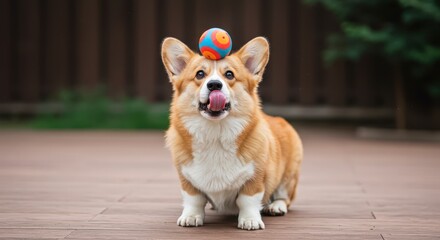 Cute corgi puppy balancing a ball on its head. Pet holding toy in balance for greeting card, funny concept, domestic animal playful behavior and home care.