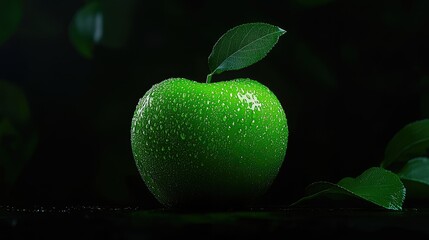A single vibrant green apple with attached leaf against dark background