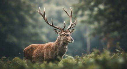 Red Deer Stag in Forest Setting, Majestic Animal in Natural Habitat for Wildlife Conservation and Autumn Season Designs, Outdoors Tranquility.