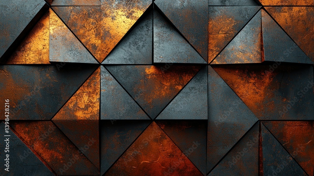 Poster abstract geometric metal texture: dark gray and rust orange triangular pattern