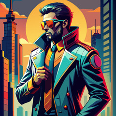 Futuristic Man in Stylish Coat with Cityscape and Sunset Background Vector Art