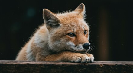 Fototapeta premium Cute fox cub resting paws on wooden surface in thoughtful pose. Animal wildlife with its charming expression for nature lovers and children's book illustration.