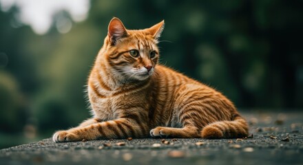 Orange tabby cat resting outdoors looking aside. Domestic animal for domestic animal blog, banner, poster about pet protection, street cats concept, veterinary.