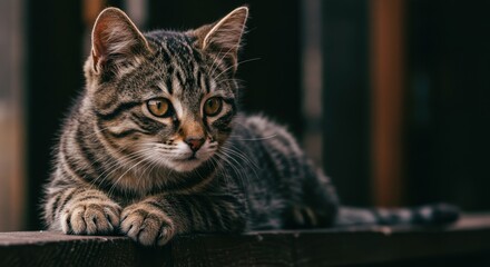 Tabby cat with striking yellow eyes resting on wooden surface outdoors, a representation of indoor comfort brought into sharp focus in natural lighting