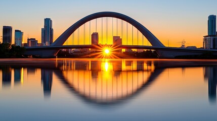 Obraz premium A scenic sunset over a calm river with city buildings and bridge