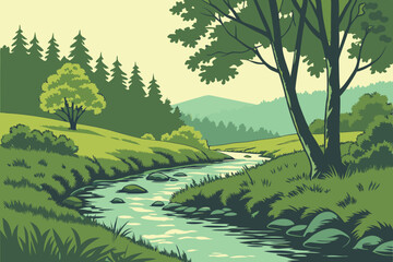 Fototapeta premium Serene Forest Stream with Lush Greenery Vector Illustration for Nature Projects