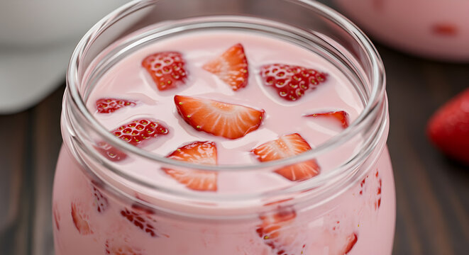 Delicious Korean Strawberry Milk With Fresh Fruit Chunks In Glass Jar