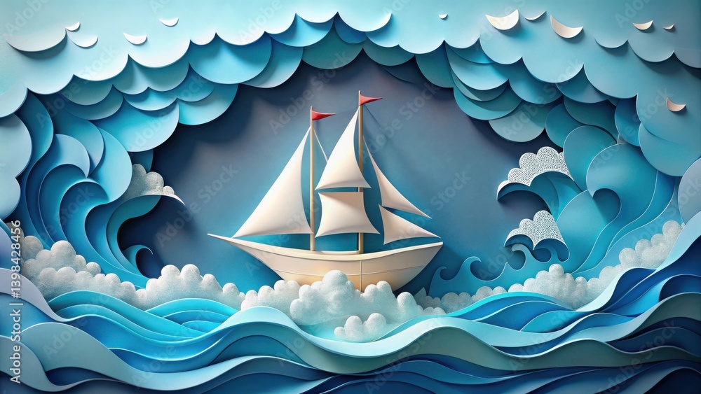 Poster a sailboat navigates a stylized ocean, crafted from layered paper, representing a journey of explora