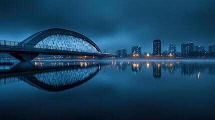 A long modern bridge arches over water near city buildings