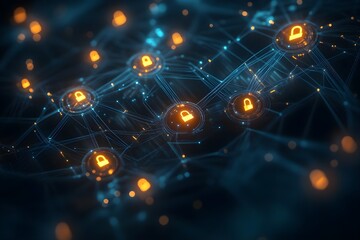 Obraz premium A network of interconnected nodes with glowing padlock icons