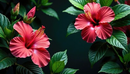 Bold hibiscus blooms, lush foliage, vibrant tropical motif, foliage, colorful, exotic