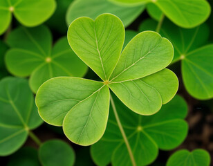Green shamrock natural background. Selective focus on a central leave