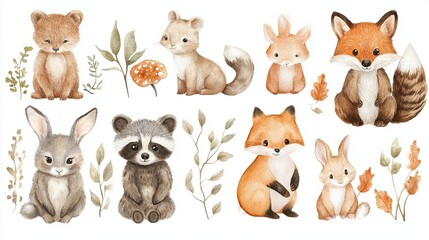Watercolor Woodland Animals, Including Bears, Foxes, Bunnies, and Raccoons