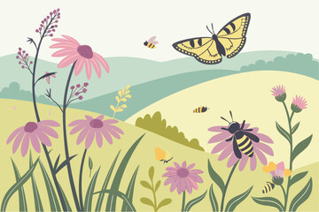 Fototapeta premium Colorful Butterfly and Bee Meadow Vector Illustration for Nature Designs